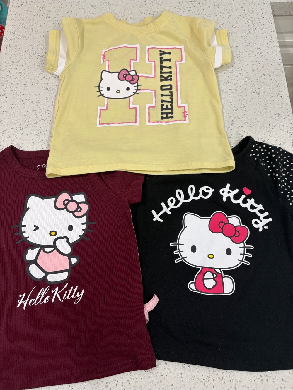 Hello Kitty Yellow, Black & Burgundy Girls' Short Sleeve Tee Trio size 7&10